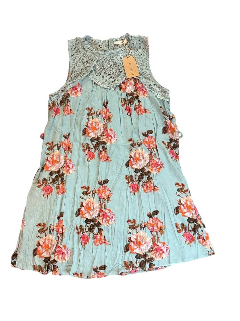 Blu Pepper Light Aqua Floral Lace Yoke Sundress